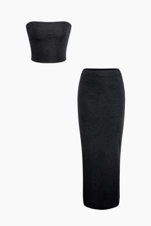 Solid Texture Tube Top And Split Maxi Skirt Set