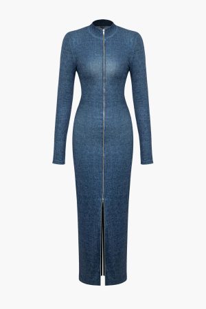 Zip-Up Mock Neck Long Sleeve Slit Midi Dress