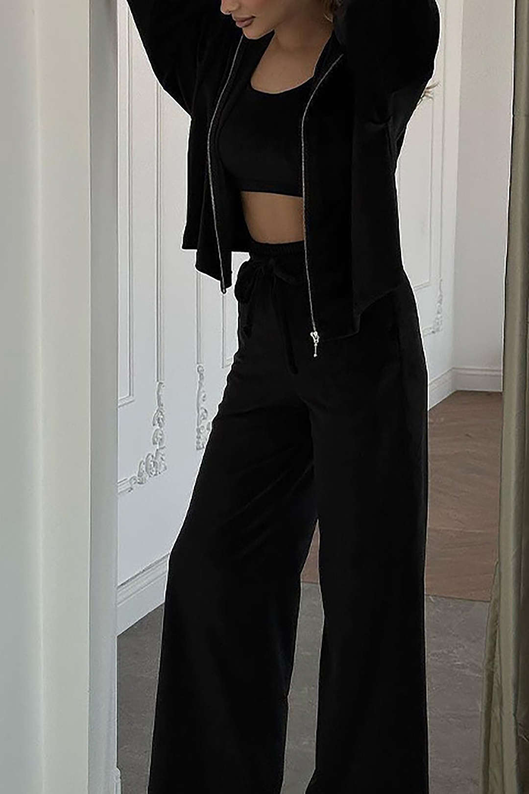 Velvet Tank Top And Zipper Hooded Sweatshirt And Drawstring Straight Leg Pants Set - Image 15