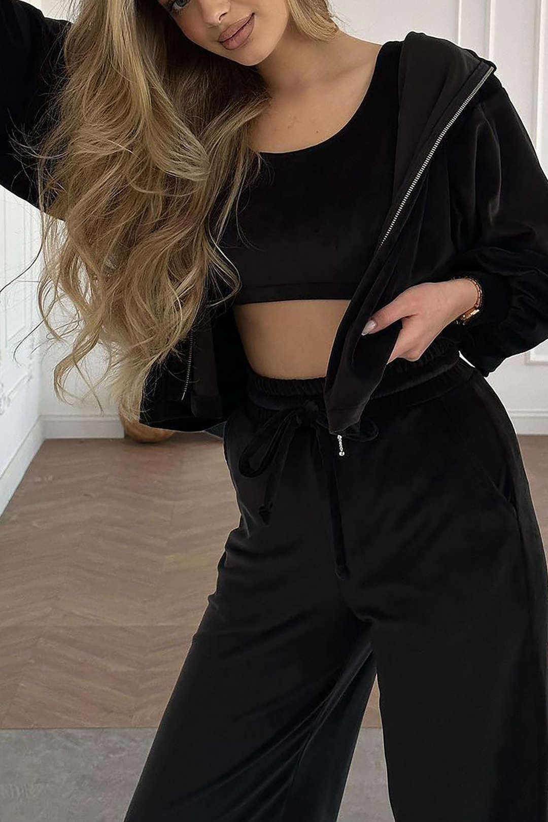 Velvet Tank Top And Zipper Hooded Sweatshirt And Drawstring Straight Leg Pants Set - Image 2