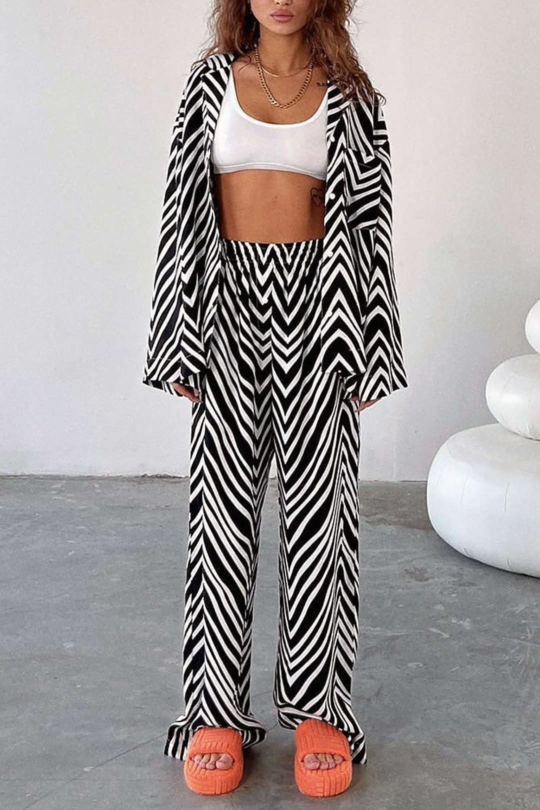 Zebra-stripe Print Notched Lapel Pocket Shirt And High Waist Pants Set - Image 2