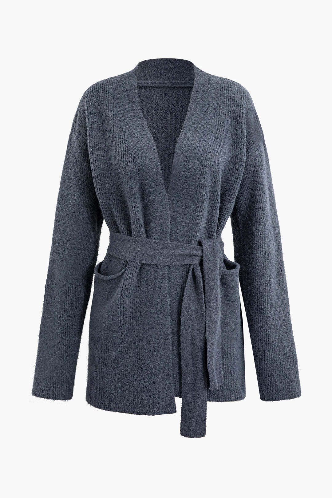 Solid Pocket Tie Knit Cardigan And Midi Skirt Set - Image 2