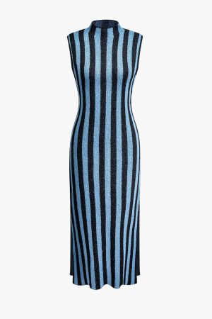 Vertical Stripe Mock Neck Knit Slit Sleeveless Midi Dress