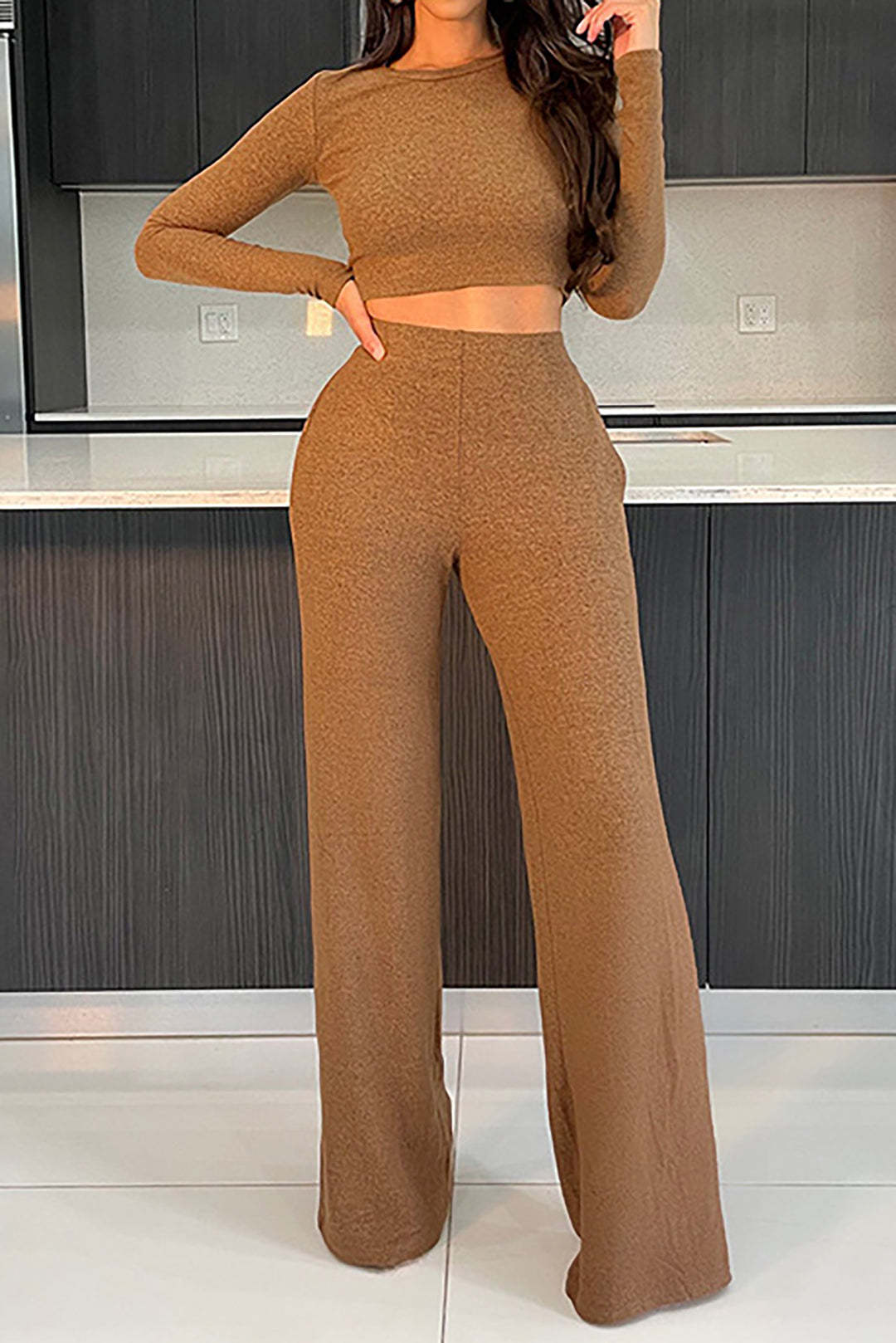 Solid Long Sleeve Crop Top And Straight Leg Pants Set - Image 2