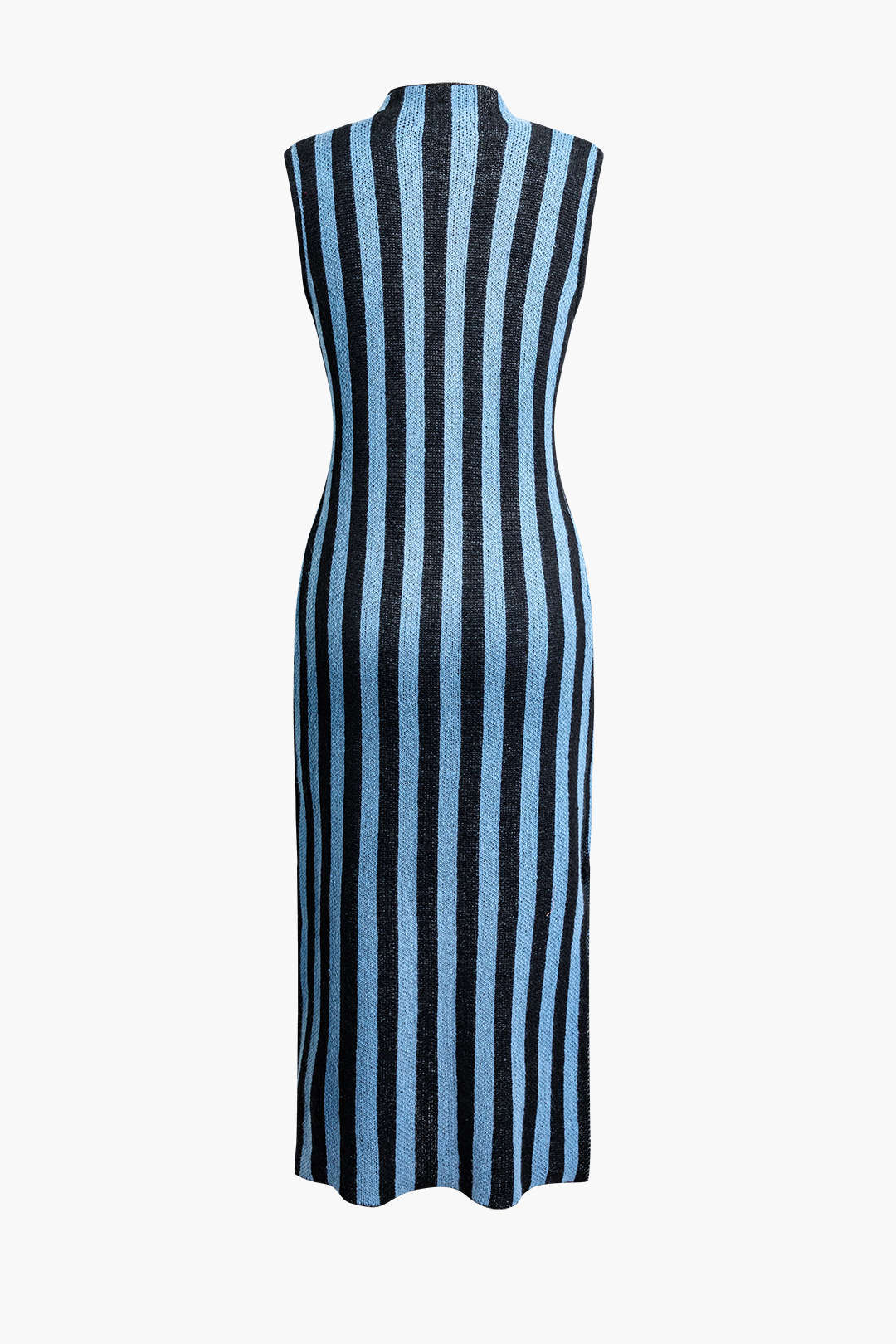 Vertical Stripe Mock Neck Knit Slit Sleeveless Midi Dress - Image 2