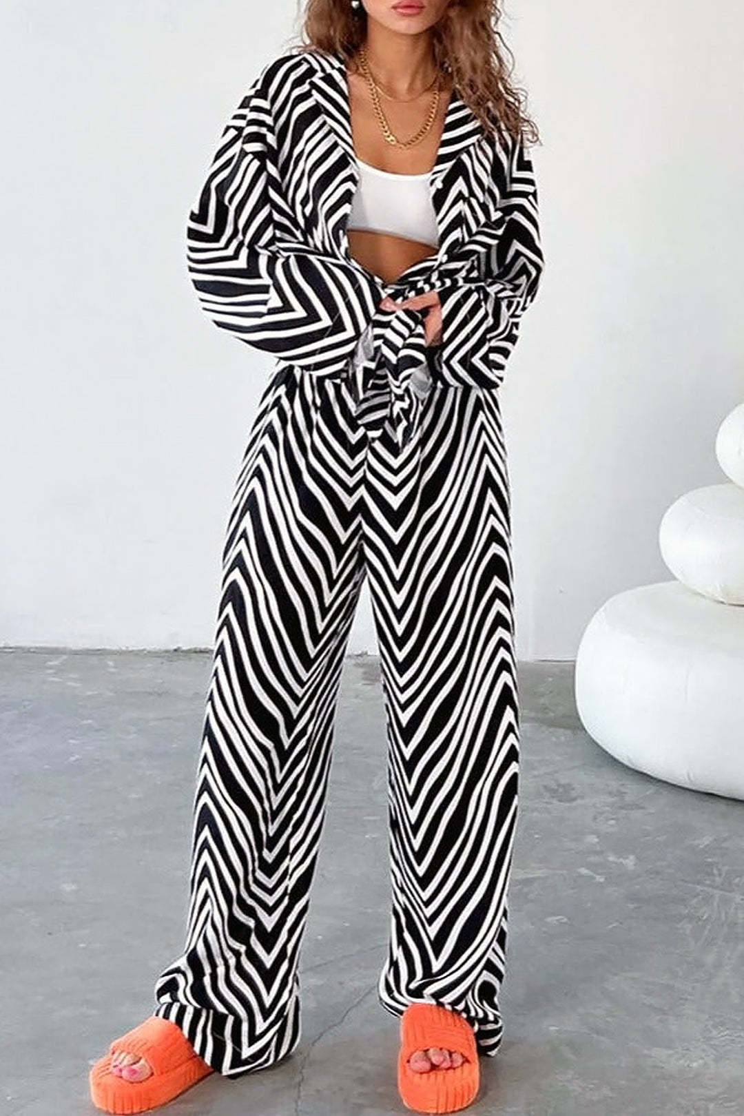 Zebra-stripe Print Notched Lapel Pocket Shirt And High Waist Pants Set - Image 10