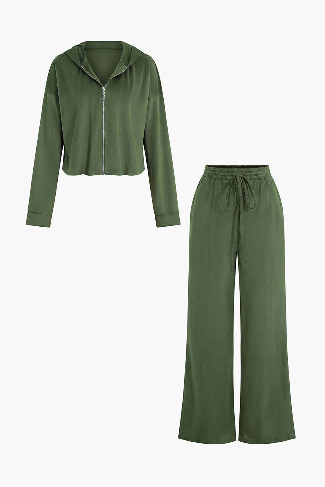 Velvet Zip Up Hooded Sweatshirt And Drawstring High Waist Wide Leg Pants Set - Image 3